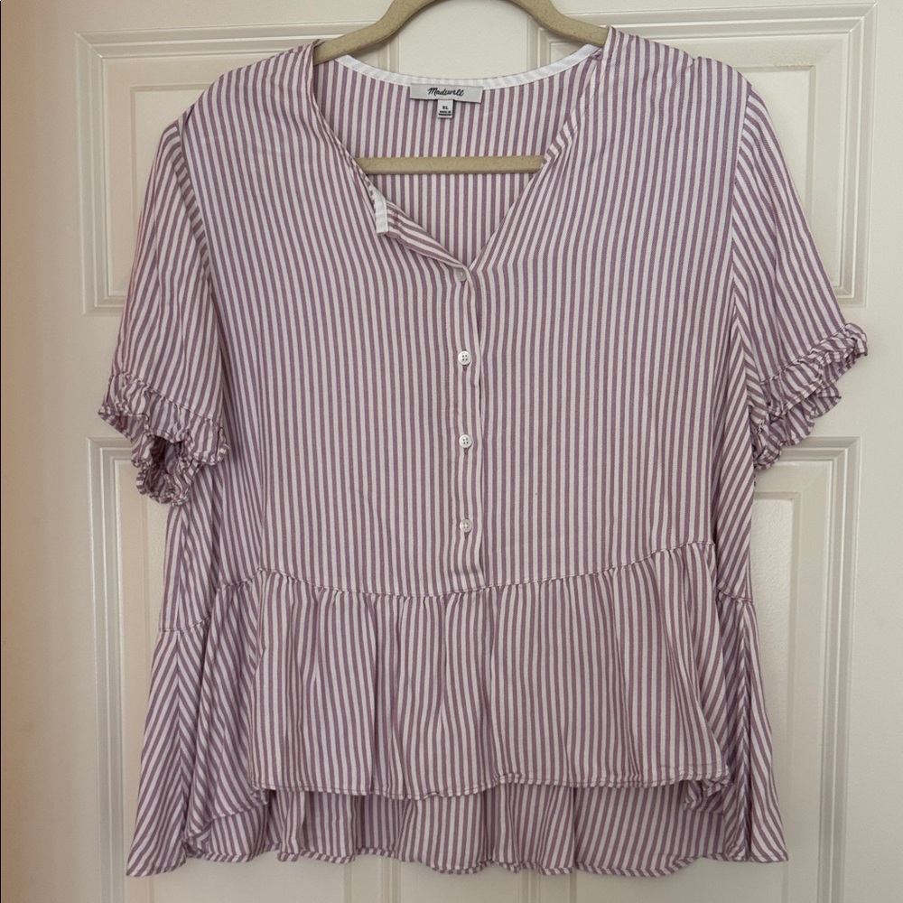 Madewell lavendar Striped Button-Peplum Short Sleeve Top